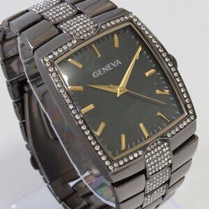 Geneva Men's Tank Style Quarts Watch Gun Metal Grey With Stone Accents 37mm